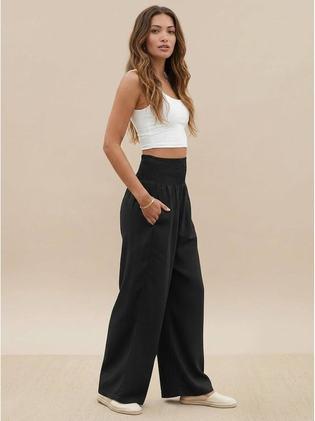 High-Waist Cotton Linen Palazzo Pants black image 3 
