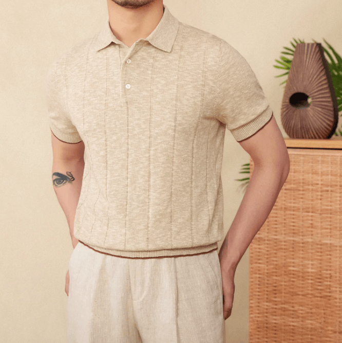 LINEN-BLEND THREE-BUTTON RIBBED POLO