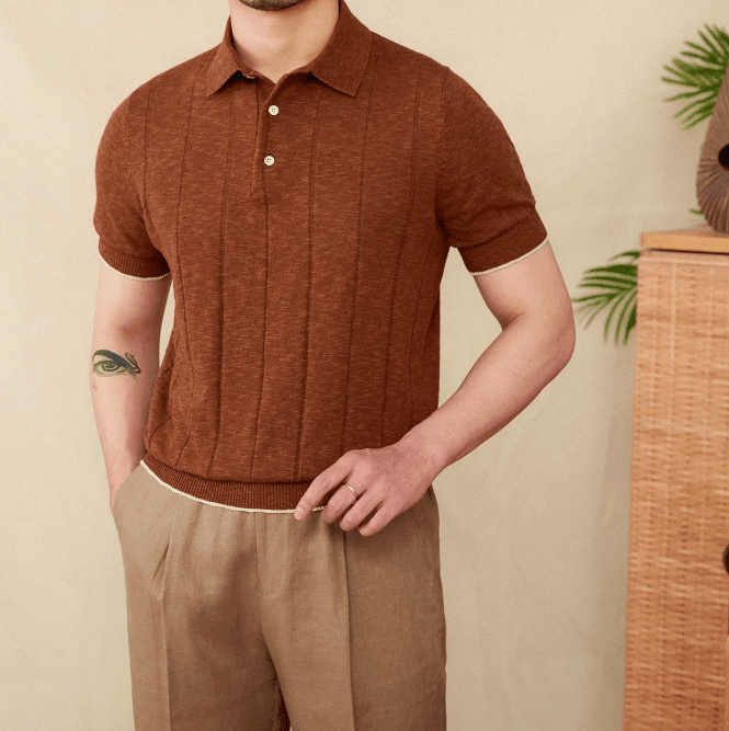 LINEN-BLEND THREE-BUTTON RIBBED POLO