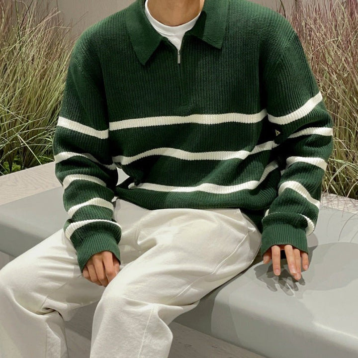 LOOSE HALF-ZIP STRIPED POLO SWEATER