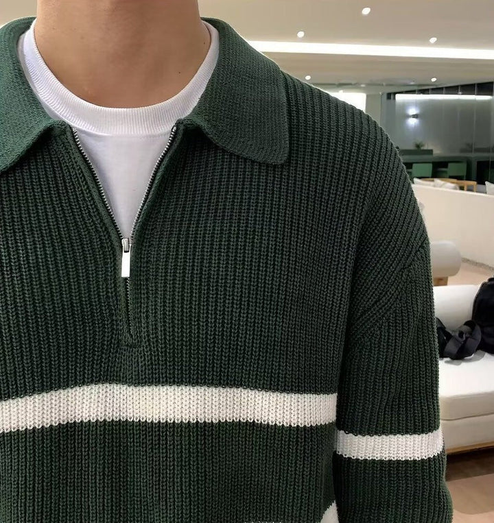 LOOSE HALF-ZIP STRIPED POLO SWEATER