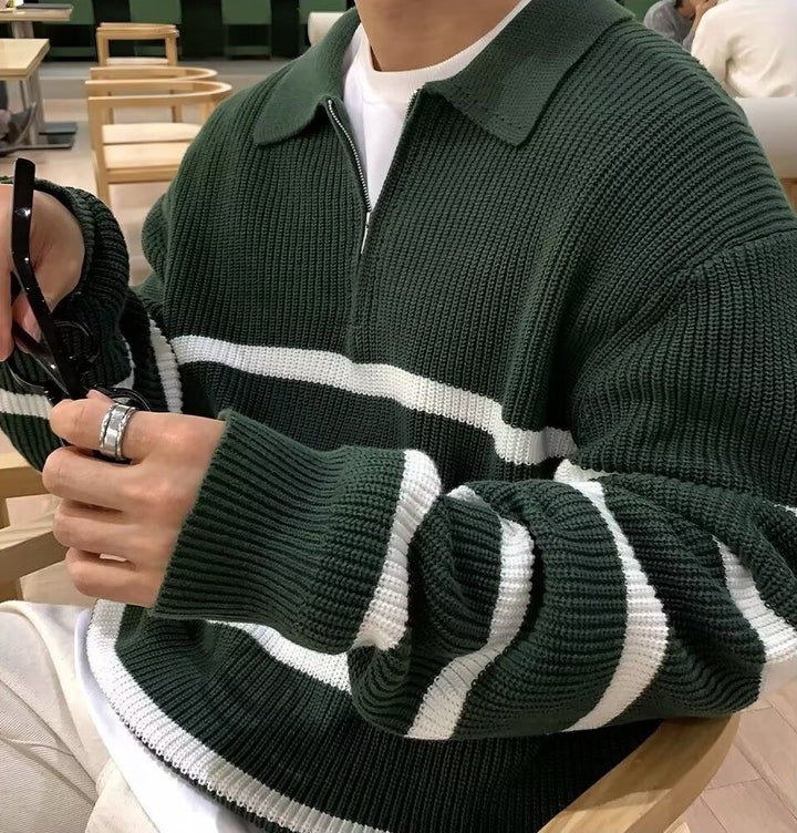 LOOSE HALF-ZIP STRIPED POLO SWEATER