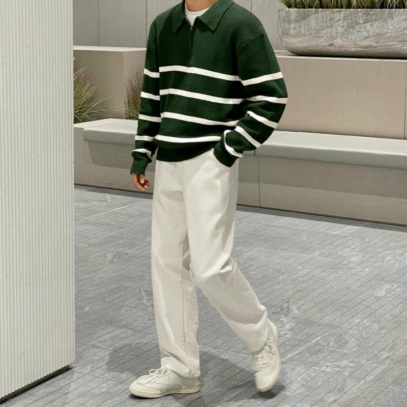 LOOSE HALF-ZIP STRIPED POLO SWEATER