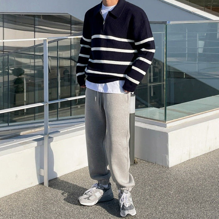 LOOSE HALF-ZIP STRIPED POLO SWEATER