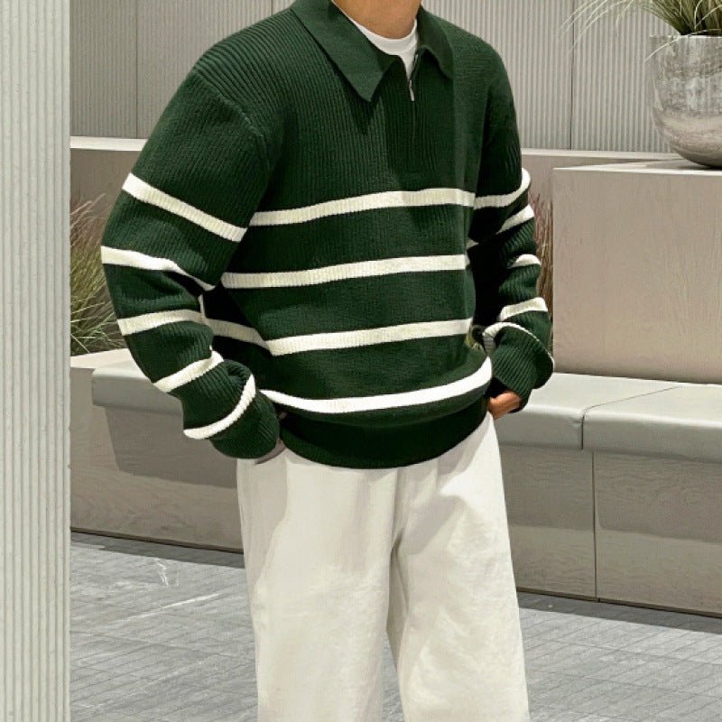 LOOSE HALF-ZIP STRIPED POLO SWEATER