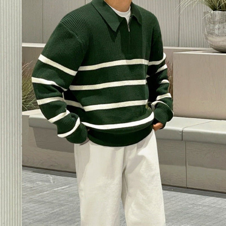 LOOSE HALF-ZIP STRIPED POLO SWEATER