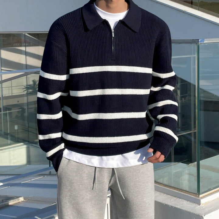 LOOSE HALF-ZIP STRIPED POLO SWEATER