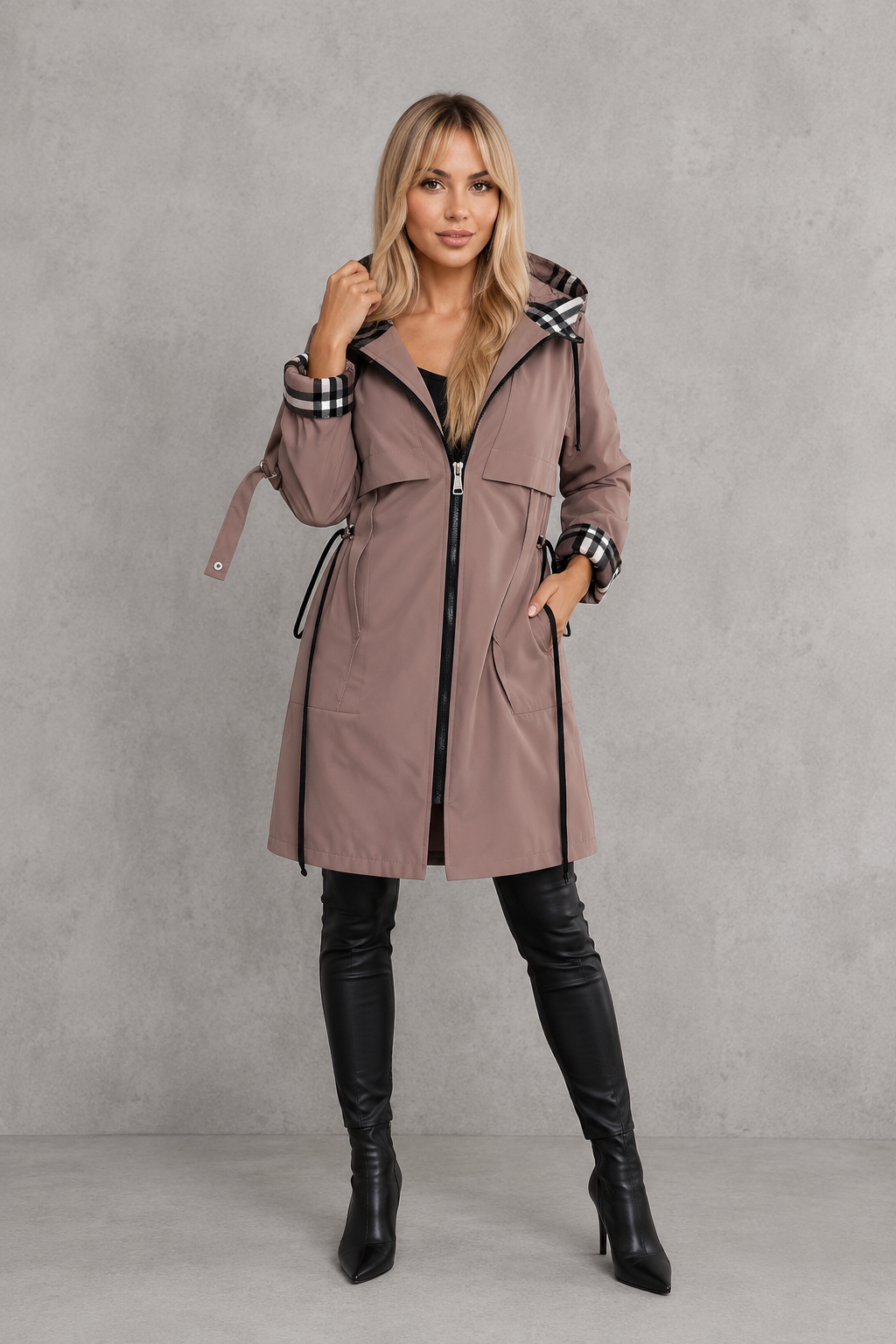 Mabel | Sophisticated Hooded Waterproof Jacket with Check Trim