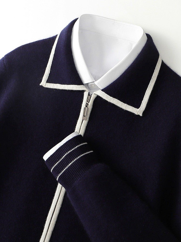 MERINO WOOL CONTRAST-EDGE POLO CARDIGAN