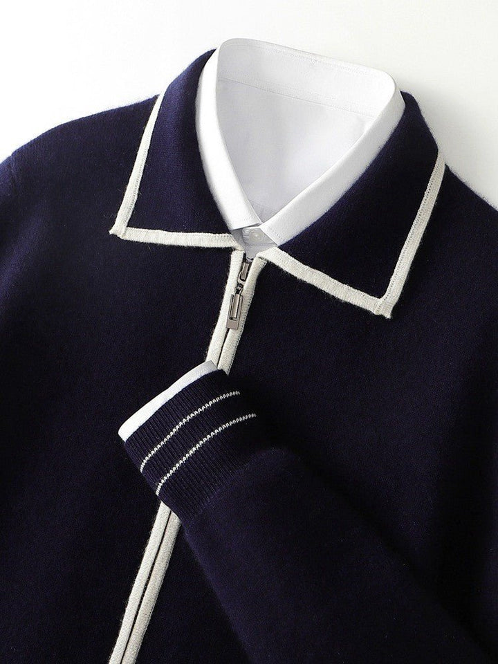 MERINO WOOL CONTRAST-EDGE POLO CARDIGAN