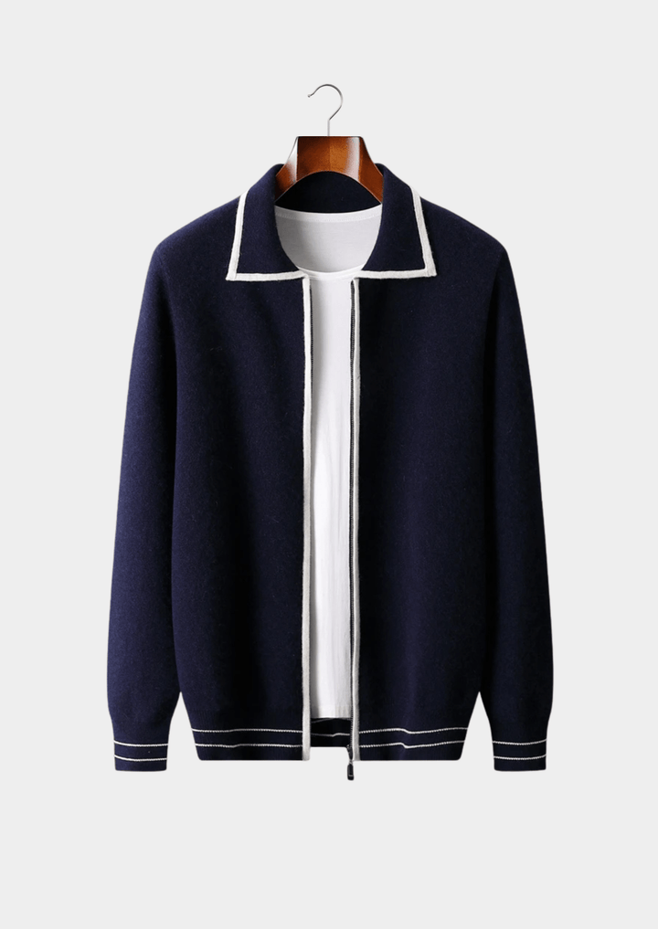 MERINO WOOL CONTRAST-EDGE POLO CARDIGAN
