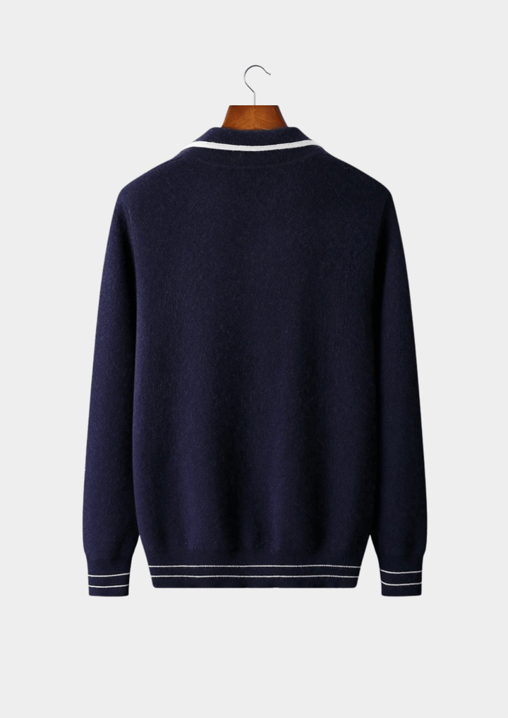 MERINO WOOL CONTRAST-EDGE POLO CARDIGAN