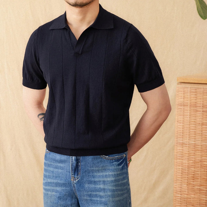 OPEN COLLAR RIBBED COTTON-LINEN POLO