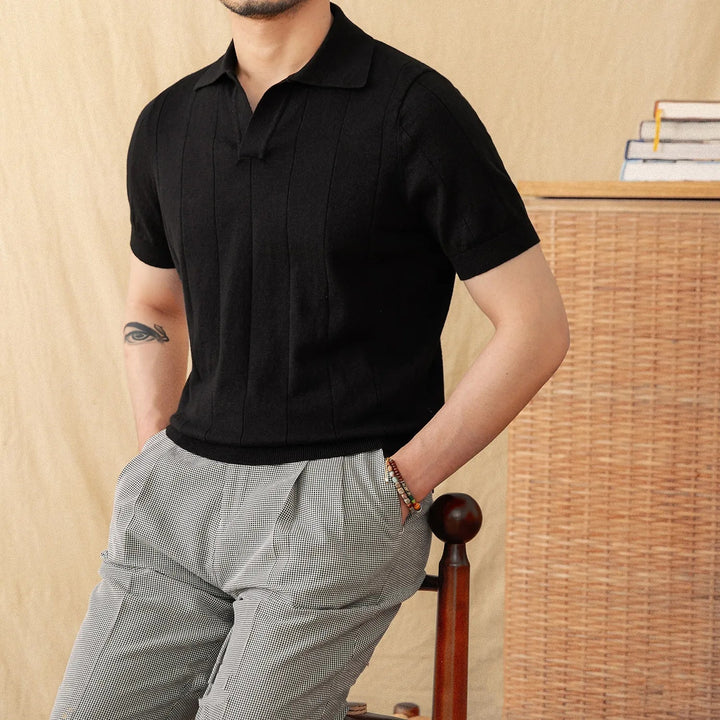 OPEN COLLAR RIBBED COTTON-LINEN POLO