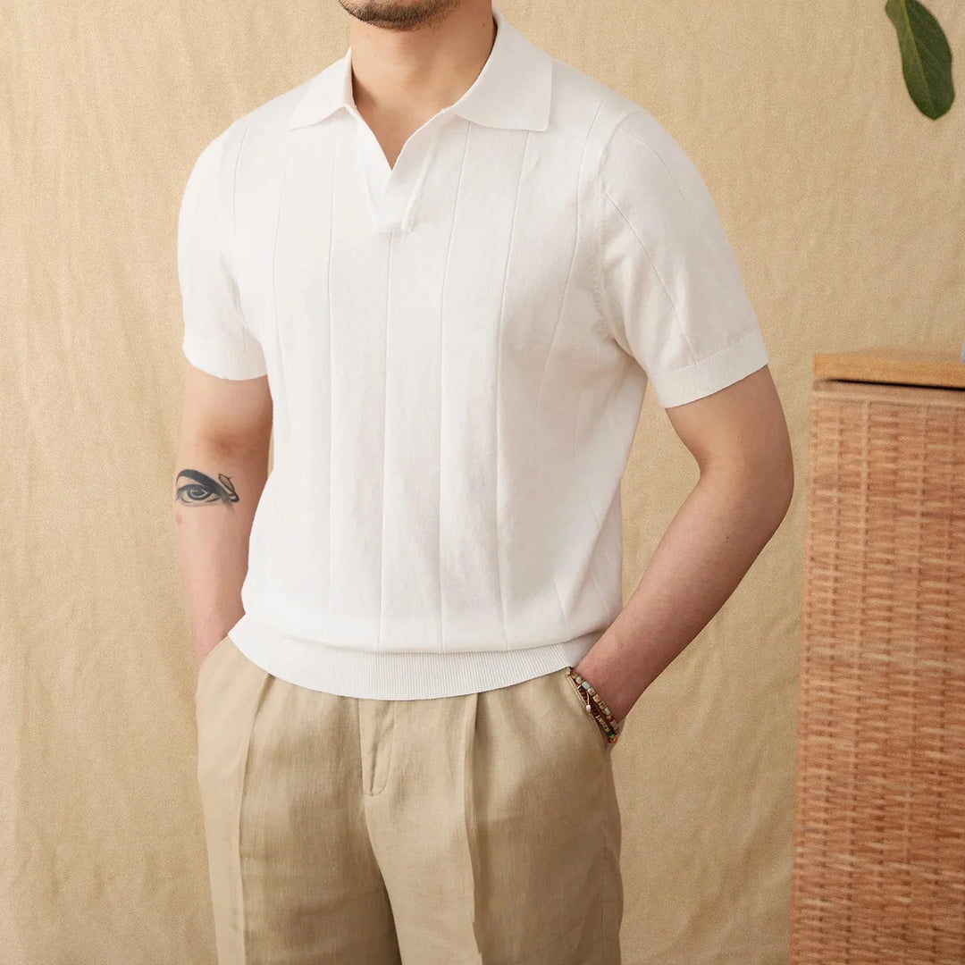 OPEN COLLAR RIBBED COTTON-LINEN POLO