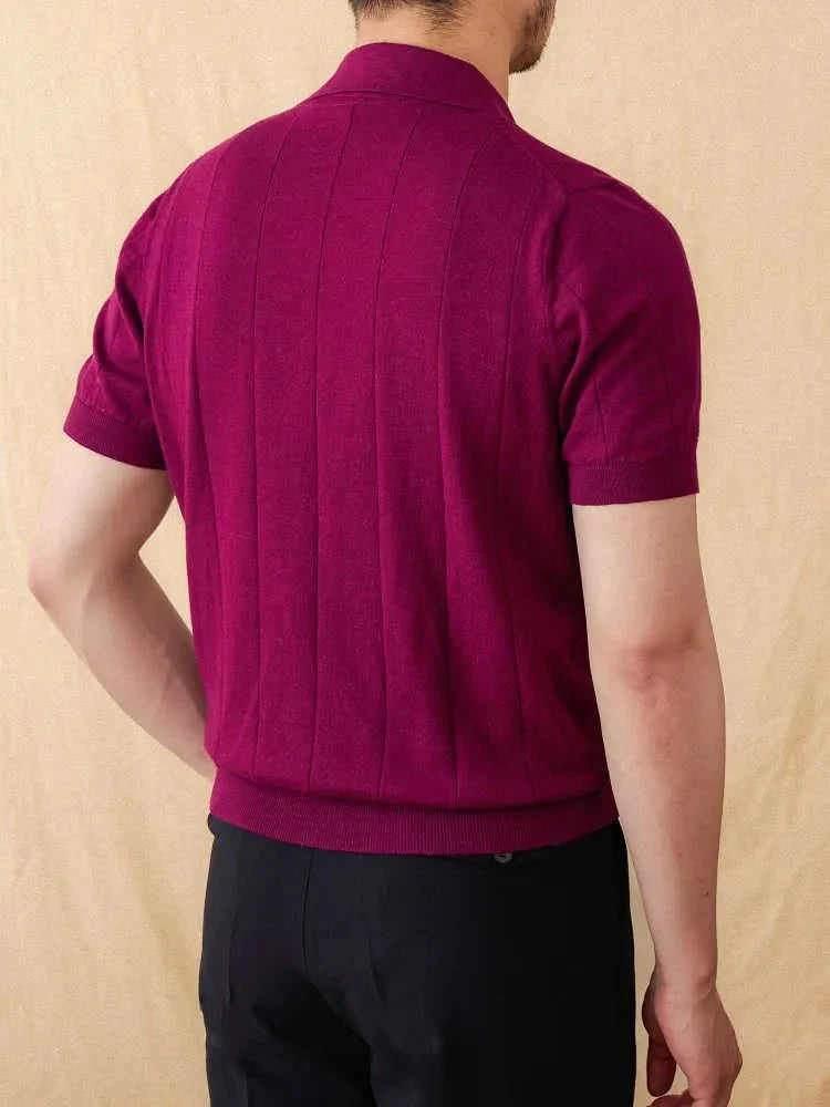 OPEN COLLAR RIBBED COTTON-LINEN POLO