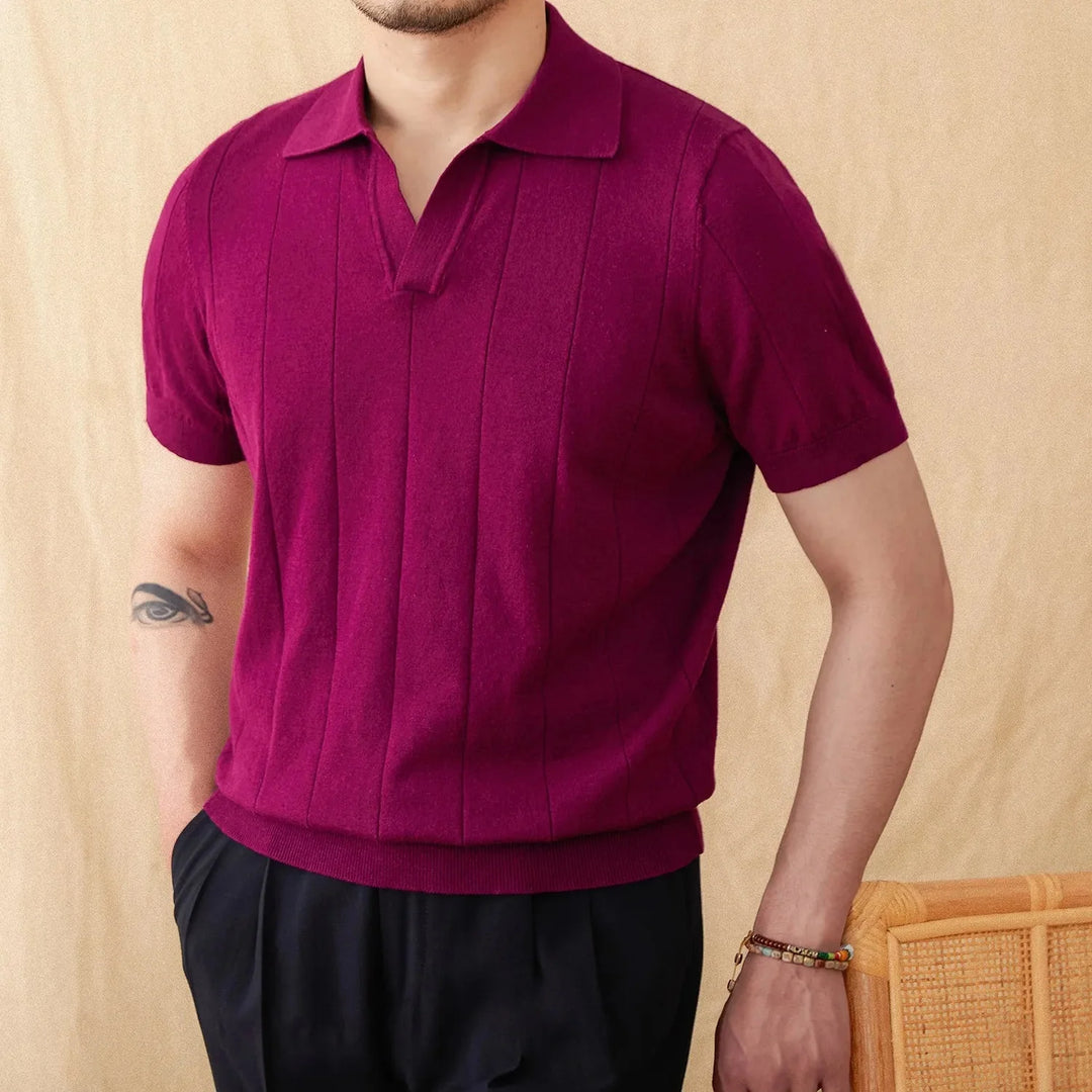 OPEN COLLAR RIBBED COTTON-LINEN POLO
