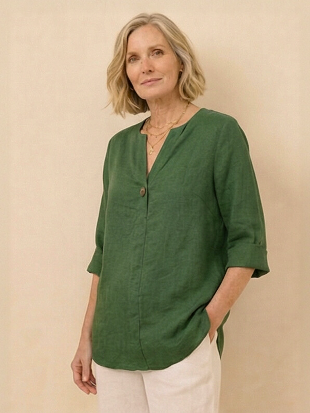 Pure Linen Age-Defying Button Detail Shirt green image 1 