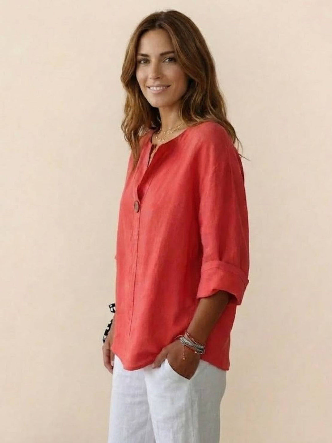 Pure Linen Age-Defying Button Detail Shirt coral red image 2 
