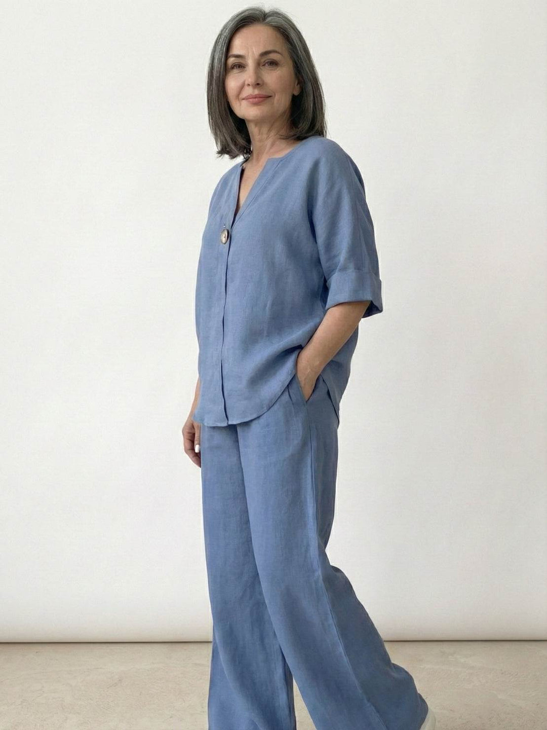 Pure Linen Two-Piece Casual Comfort Set powder blue image 5 