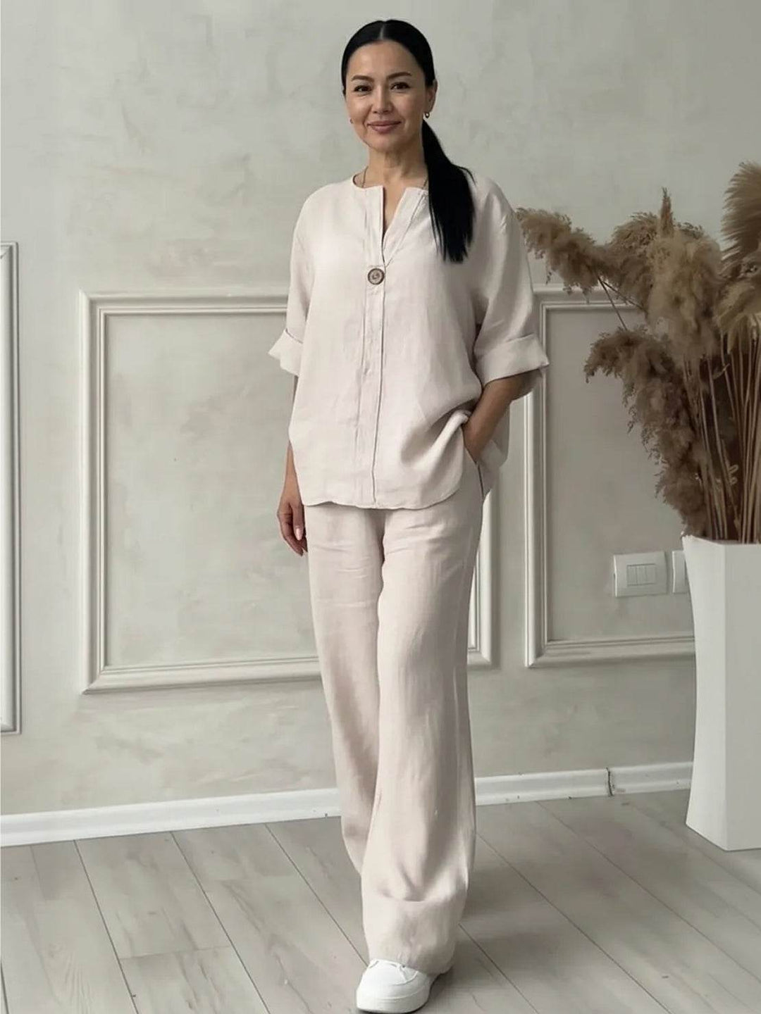 Pure Linen Two-Piece Casual Comfort Set beige image 3 