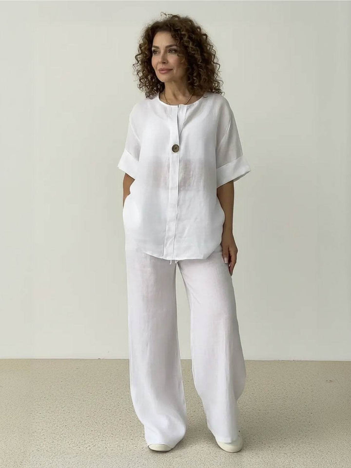 Pure Linen Two-Piece Casual Comfort Set white image 1 