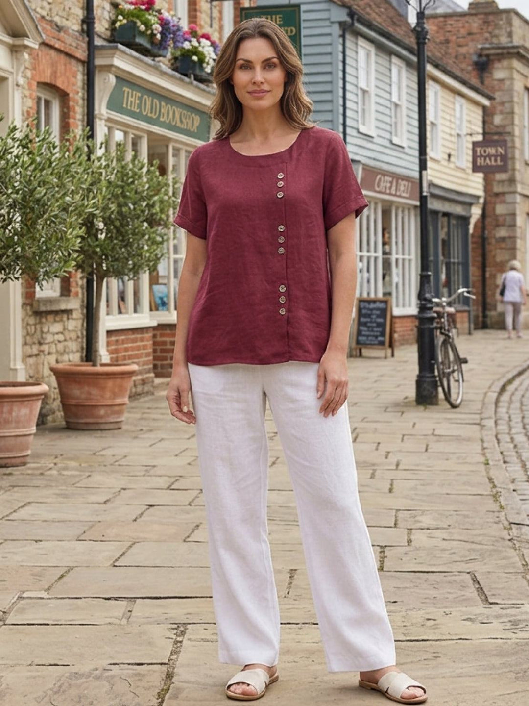 Relaxed Fit Pure Cotton Button-Up T-Shirt burgundy image 3 