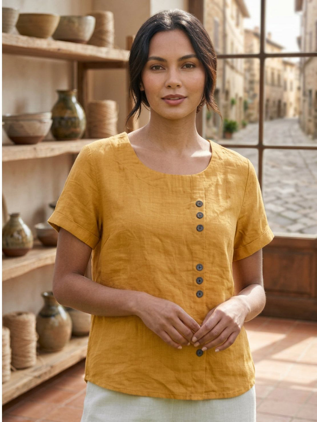 Relaxed Fit Pure Cotton Button-Up T-Shirt mustard image 2 