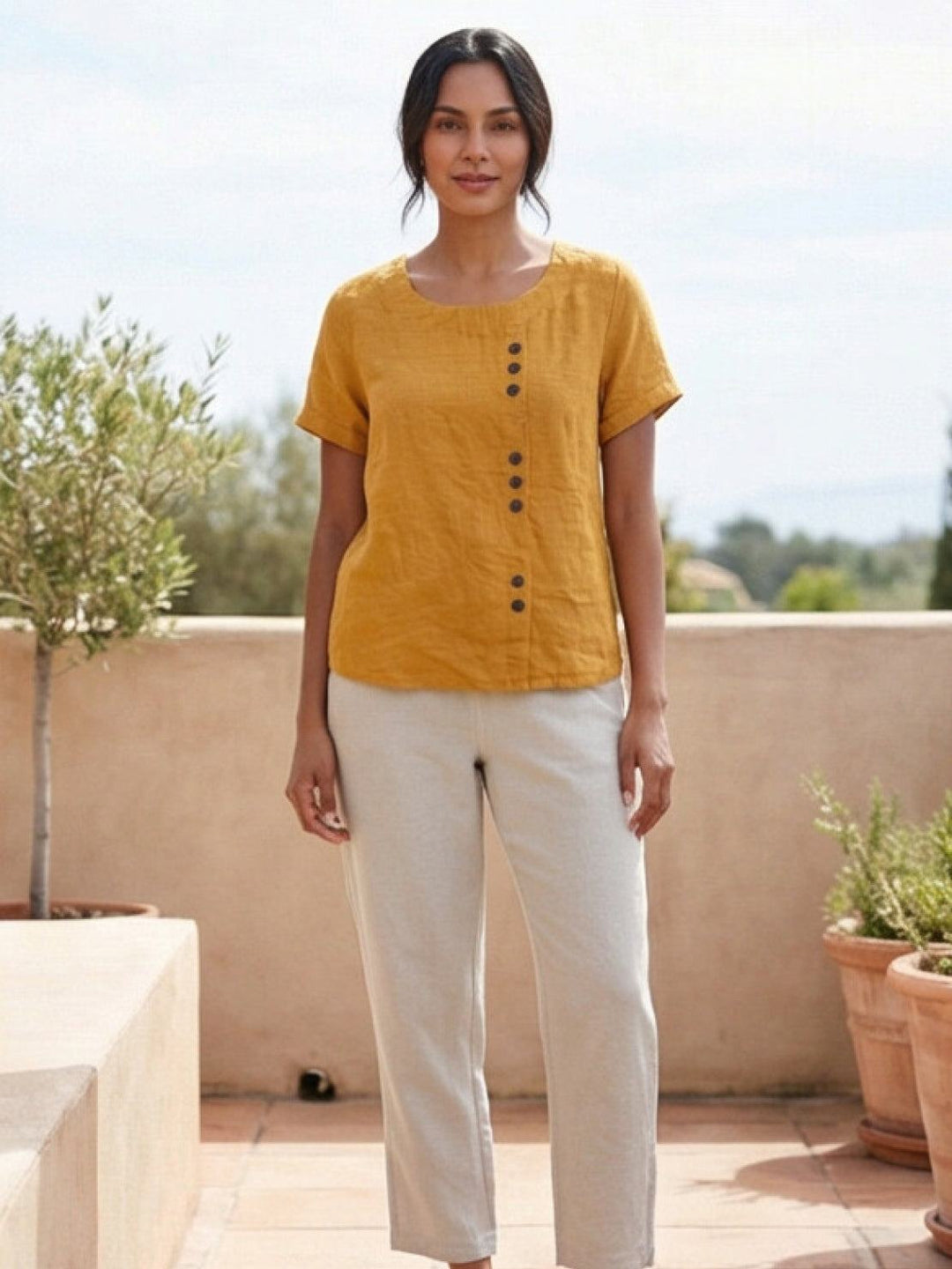 Relaxed Fit Pure Cotton Button-Up T-Shirt mustard image 3 