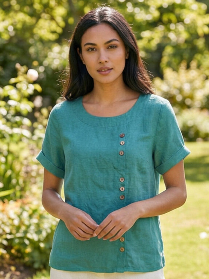 Relaxed Fit Pure Cotton Button-Up T-Shirt teal image 2 