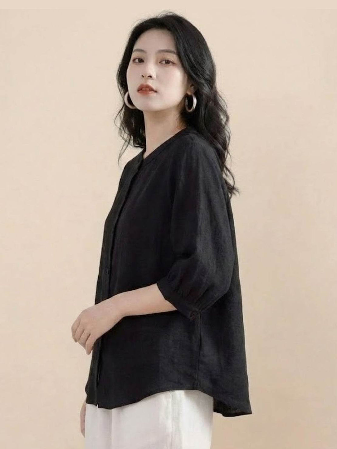 Relaxed Loose Breathable Linen Blouse black image 2 