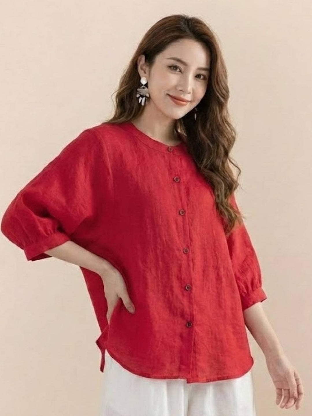 Relaxed Loose Breathable Linen Blouse red image 1 