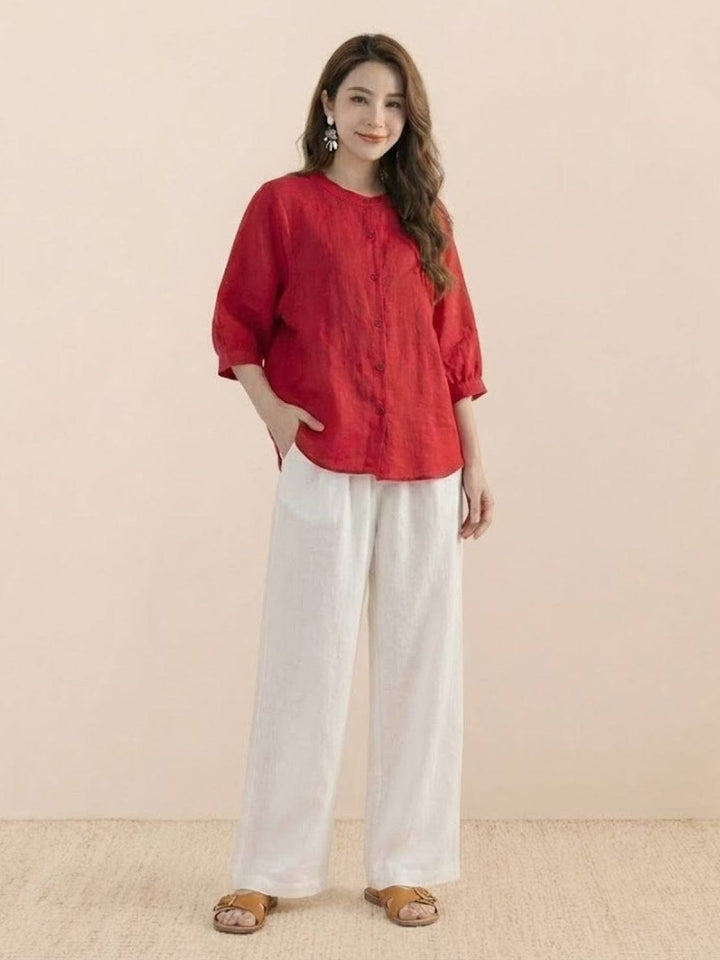 Relaxed Loose Breathable Linen Blouse red image 3 