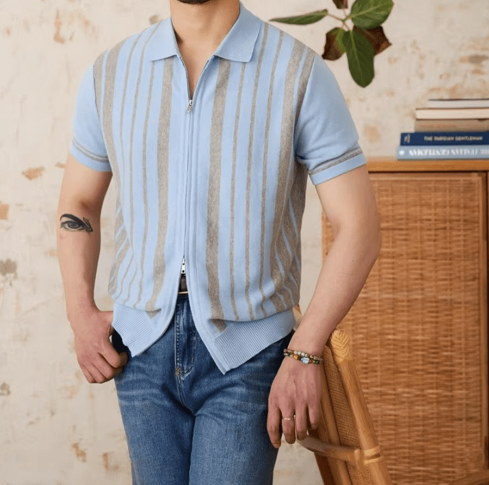 RETRO FULL-ZIP STRIPED KNITTED CARDIGAN