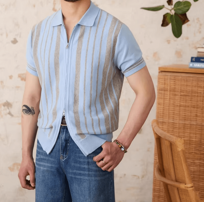 RETRO FULL-ZIP STRIPED KNITTED CARDIGAN
