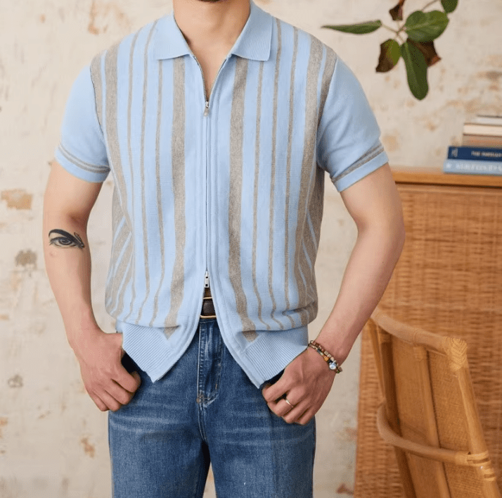 RETRO FULL-ZIP STRIPED KNITTED CARDIGAN