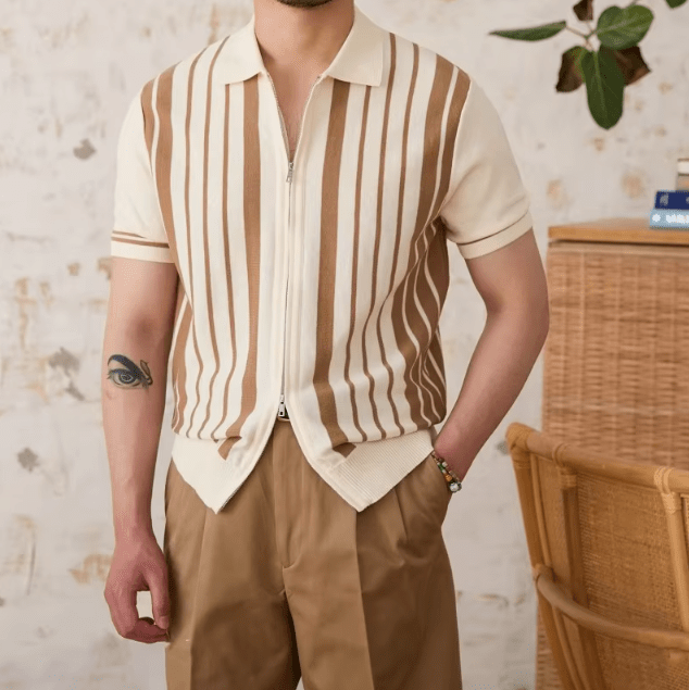 RETRO FULL-ZIP STRIPED KNITTED CARDIGAN