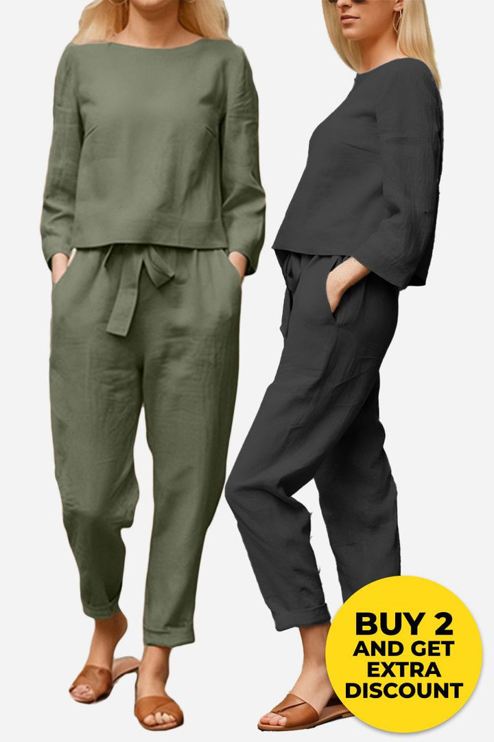 100% Cotton Linen Monochrome 2 Piece Set army green + black image 1 