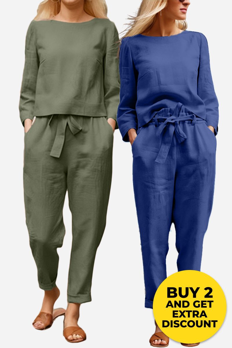100% Cotton Linen Monochrome 2 Piece Set army green + royal blue image 1 