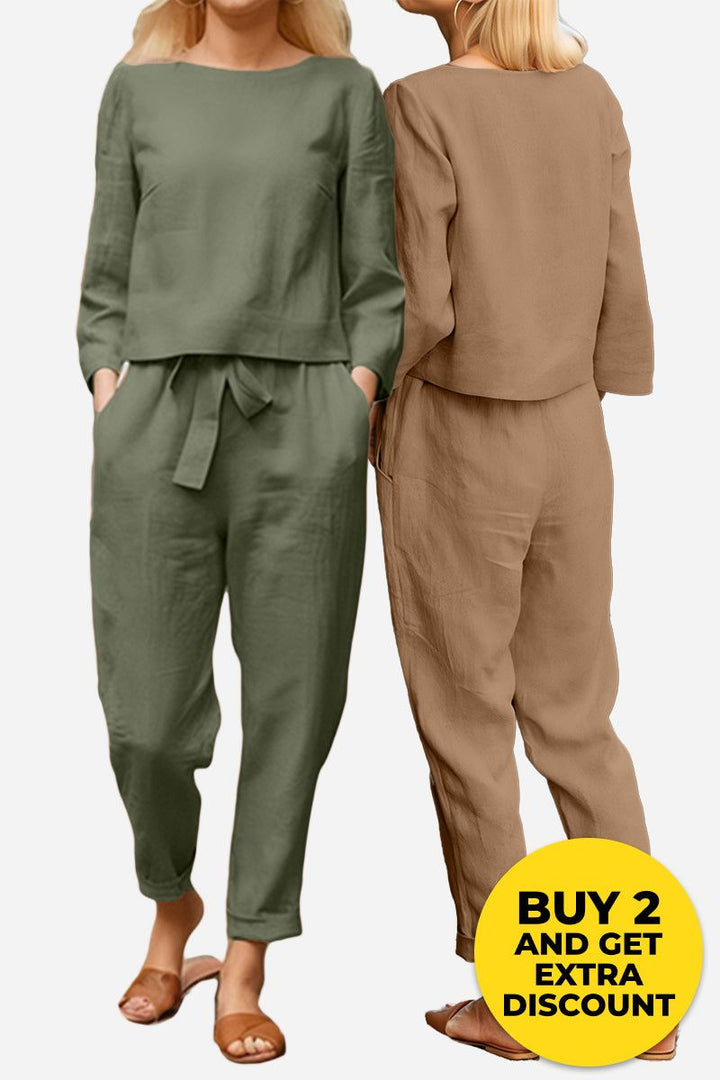 100% Cotton Linen Monochrome 2 Piece Set army green + khaki image 1 
