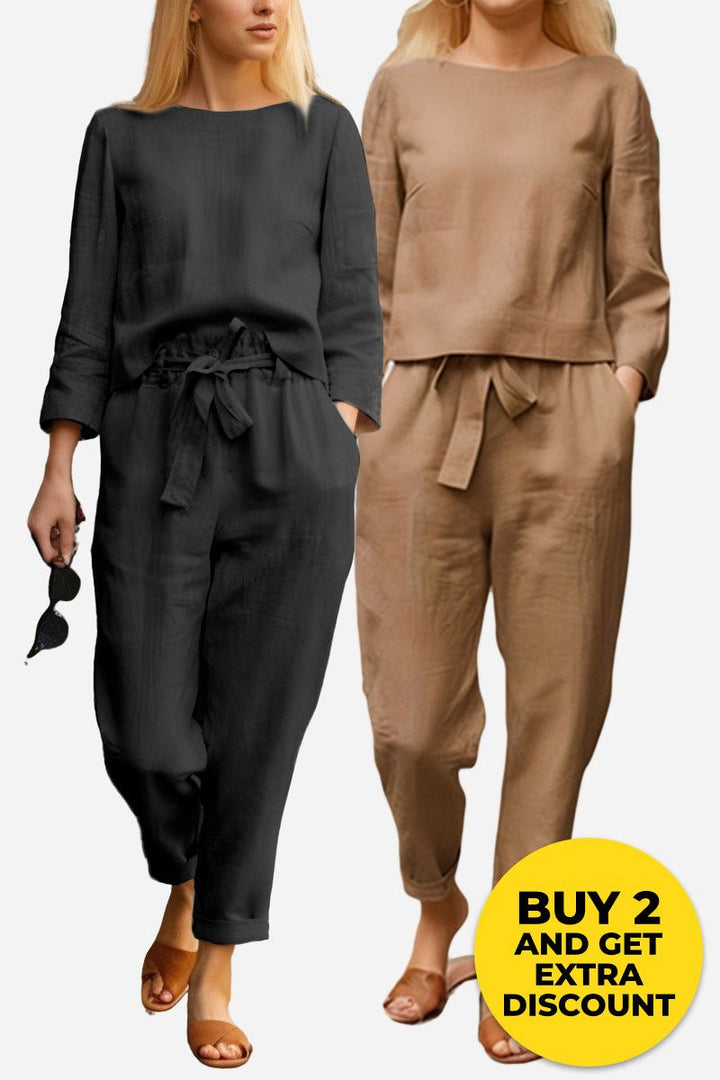 100% Cotton Linen Monochrome 2 Piece Set black + khaki image 1 