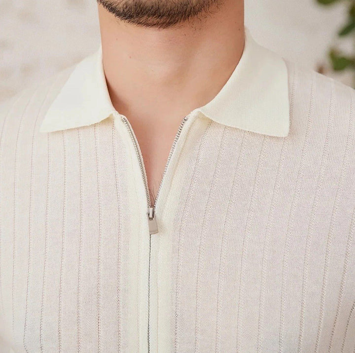 RIBBED HALF-ZIP LINEN-BLEND POLO