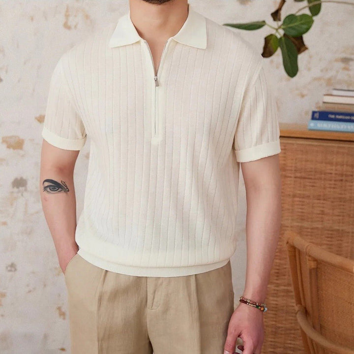 RIBBED HALF-ZIP LINEN-BLEND POLO
