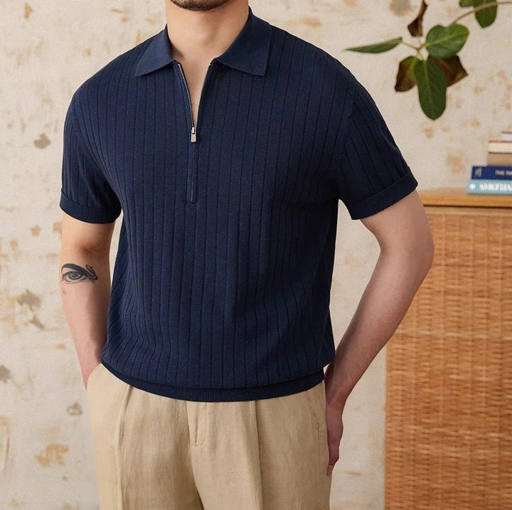 RIBBED HALF-ZIP LINEN-BLEND POLO