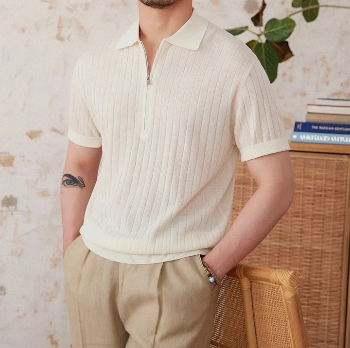 RIBBED HALF-ZIP LINEN-BLEND POLO