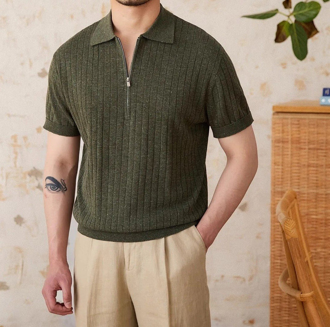 RIBBED HALF-ZIP LINEN-BLEND POLO