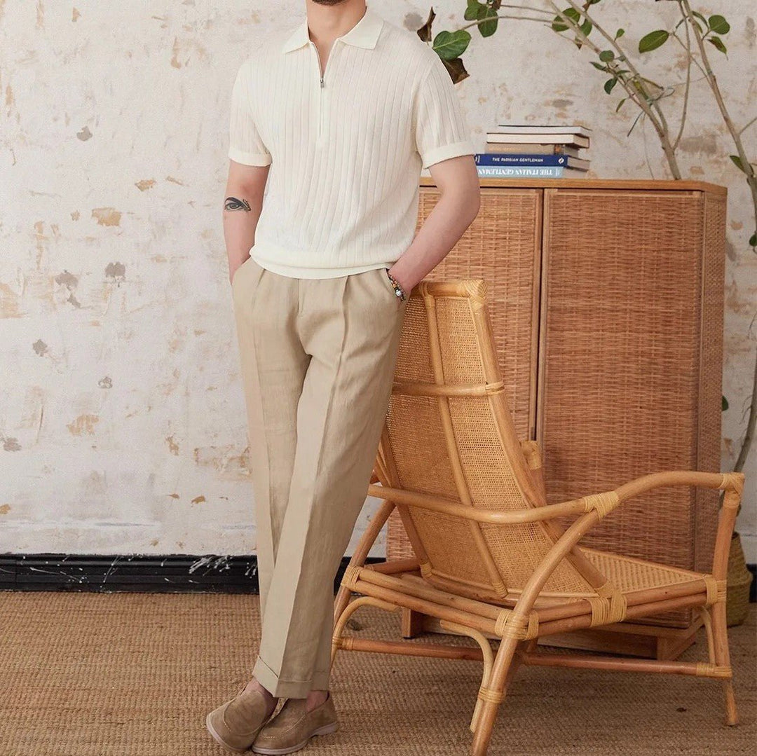 RIBBED HALF-ZIP LINEN-BLEND POLO
