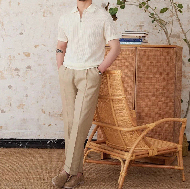 RIBBED HALF-ZIP LINEN-BLEND POLO