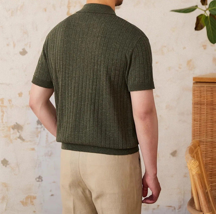 RIBBED HALF-ZIP LINEN-BLEND POLO