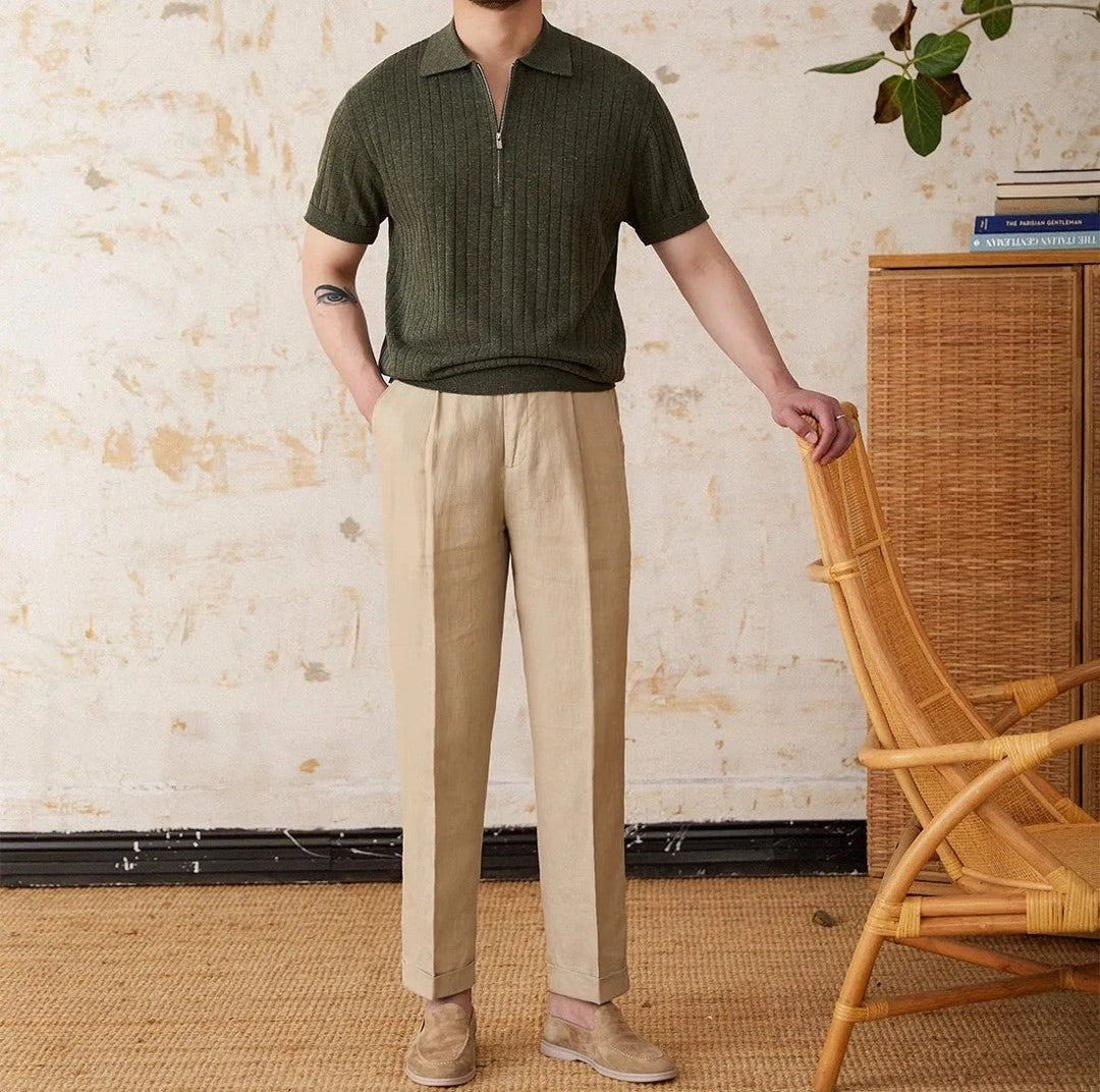 RIBBED HALF-ZIP LINEN-BLEND POLO